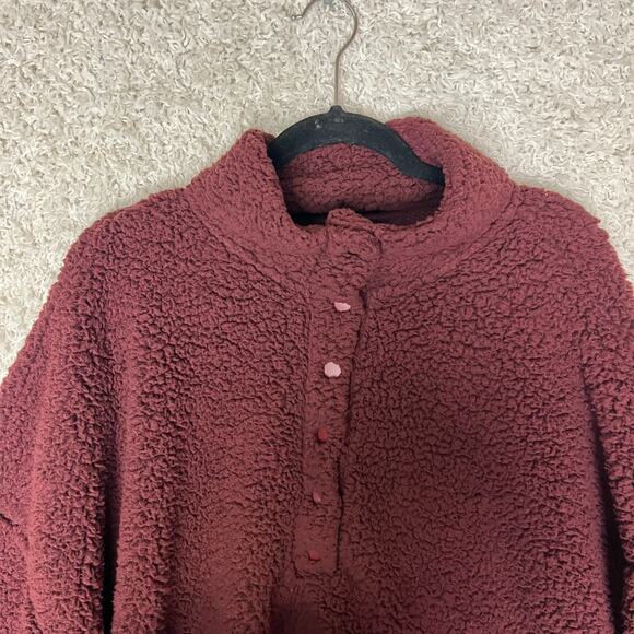 Aerie Teddy Bear Sherpa Fleece Sweater Womens XXL Red Snap Oversized Comfy - Picture 2 of 10